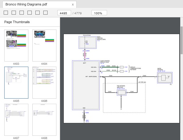 Ford Bronco module communications network and audio wiring diagram sample page