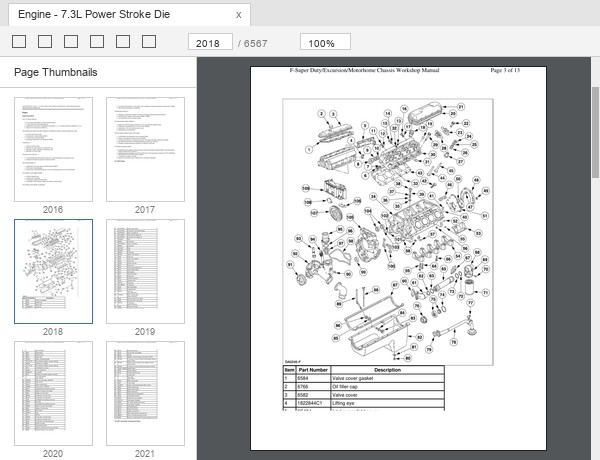 Ford Excursion 7.3L diesel engine exploded view with numbered part list sample page