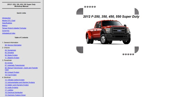 Ford Super Duty 2011-2016 workshop manual contents tree and quick links home screen