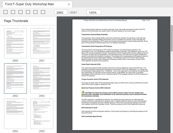 Ford Super Duty transmission solenoid and power take-off control operation sample page