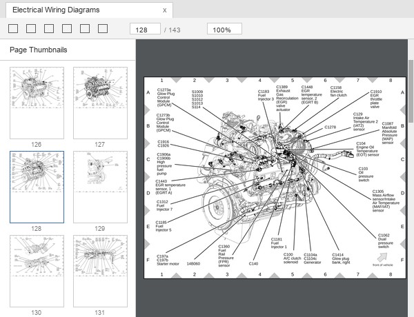 Ford Super Duty 6.4L diesel engine connector location diagram with grid references sample page