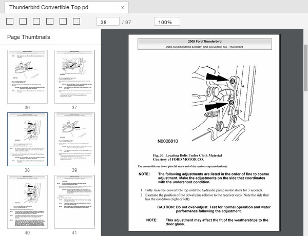 Ford Thunderbird convertible top adjustment procedure sample page