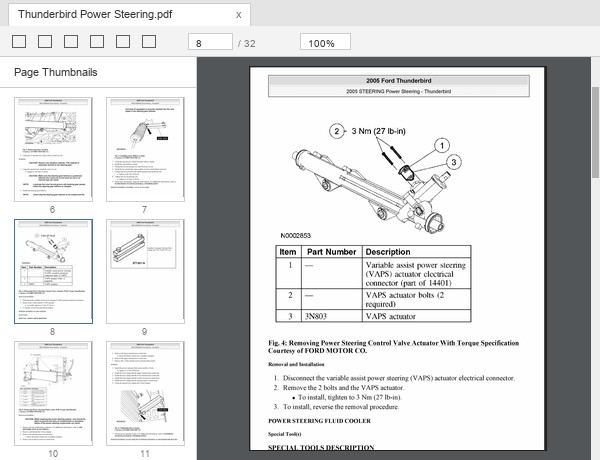 Ford Thunderbird power steering actuator removal with torque specification sample page